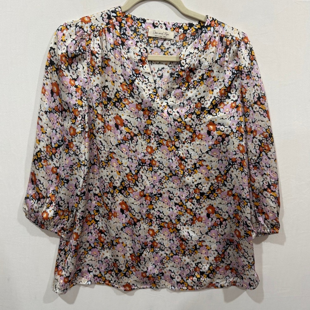 Doe‎ and Rae Womens Floral V-Neck Blouse Multicolor 3/4 Sleeve Top Small